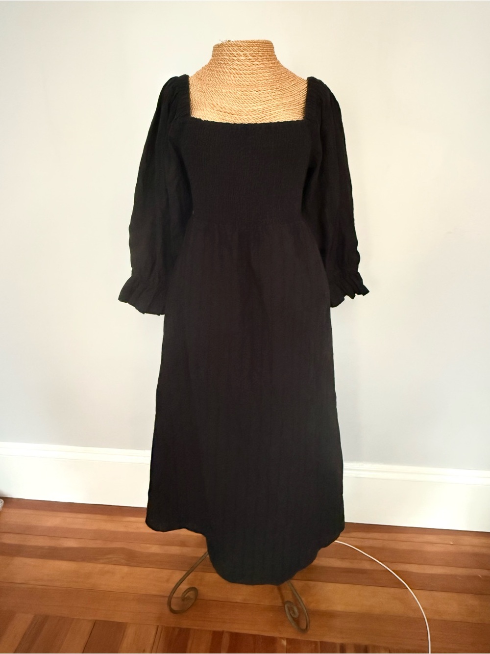 Anthropologie Hutch Black Square-Neck Long Sleeve Midi Eyelet Dress